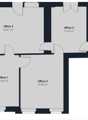 The image shows a floor plan with 4 office spaces labeled as Ufficio 1, Ufficio 2, Ufficio 3, and Ufficio 4, along with a WC (bathroom) and a shared total area of 86.64 m2.