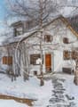 Snow-covered exterior, rustic design, wooden doors, snow-covered roofs, surrounded by trees, mountains in the background.