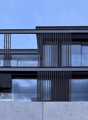 modern design, glass walls, balcony, raised ground floor