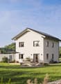 Two story house, solar panels, white walls, gray roof, glass door, outdoor seating area, fireplace, fire pit, umbrella, garden, grassy lawn