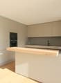 Open kitchen with granite countertop, built-in oven, island counter with wooden top, stainless steel faucet, modern cabinets