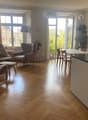 Open plan living and dining area with wooden floors, large windows, kitchen island with marble countertop, living room with armchairs, table with chairs, potted plants