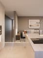 modern kitchen with island, double oven, modern faucet, living room with couch, coffee table, picture frame