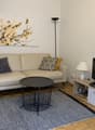 Beige sofa with patterned throw pillows, black and white coffee table, TV stand with TV, artwork on the wall, floor lamp, and a rug on the hardwood floor.