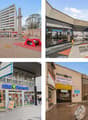 A collage of four images of a building complex with various features. The first image shows a large open area with a red structure and a tall building in the background. The second image displays a building with glass walls and doors. The third image feat