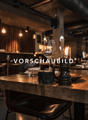 A restaurant with wooden tables and chairs, wine glasses, plates, and a candle on the table.