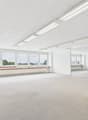 Empty room, large windows, radiators, gray carpet, fluorescent ceiling lights