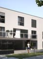 modern white house, 3 floors, balcony on the second floor, glass entrance, plants