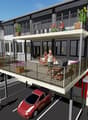 3 story building, white exterior, multiple balconies, parking lot, stairs, cars parked