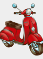 Red vintage-style scooter with chrome accents, large headlight, and storage compartment