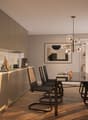 dining room with glass table and chairs, modern kitchen with oven and coffee machine, windows and open door
