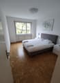Spacious bedroom with large window overlooking trees, hardwood parquet flooring, grey upholstered bed frame, and a decorative floral painting on the wall.