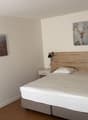 Bedroom with a double bed, two nightstands, and three wall paintings. The bed has white sheets and pillows. The nightstands have drawers and lamps.