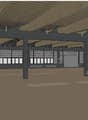 Spacious room with high ceilings, large windows, and metal structural supports