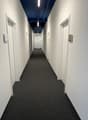 empty corridor with doors, carpeted floor, illuminated by fluorescent ceiling lights