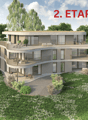 3 story house, modern design, multiple balconies, green roof, surrounded by trees