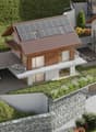 Three houses with solar panels on the roof, balconies, and green roofs