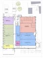 The floor plan shows a ground floor layout with several sections such as storage, entrance, sales and office areas, as well as a waiting area and a warehouse of different sizes. Additionally, a WC is present. Three cars are shown parked outside the buildi