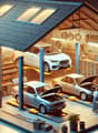 Garage with multiple cars, two on car lifts, tool cabinets, various mechanical tools, shelving, a person working on a car, plants, and parked cars outside.