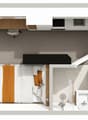 compact layout with a bedroom, bed, nightstand, bathroom with toilet, washbasin, and small shower, kitchen area with sink, microwave, and desk with chair