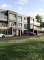 Three story apartment buildings, each with underground garage, balcony, green exterior