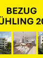 Three images of a modern apartment building with balconies, a dining room with a table and chairs, and a view of the building from the outside.