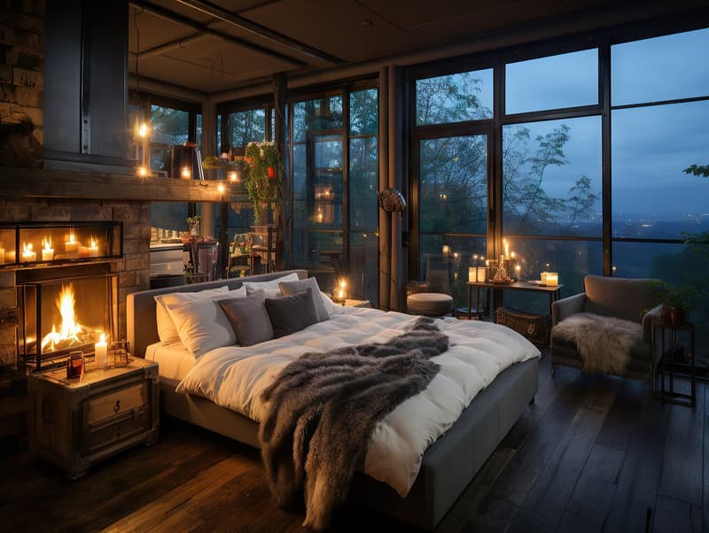 A cozy bed with pillows, white duvet, fur blanket. Large windows, fire place, candles, wooden floors. Nighttime view of the forest outside.