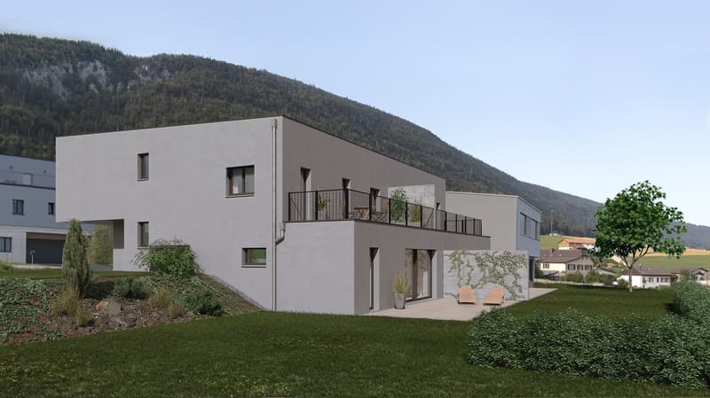 2 story modern gray house with balconies, surrounded by a grassy yard and trees, with mountains in the background