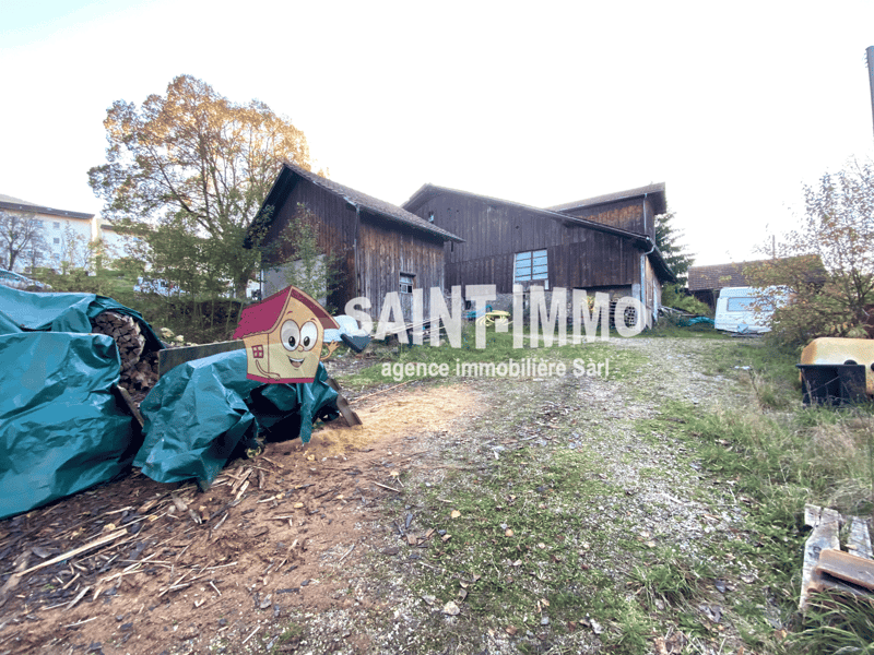 Old wooden barn-like structure with a large Saint Immo real estate sign, surrounded by trees and outdoor equipment. There appears to be a small decorative house-shaped object in the foreground.