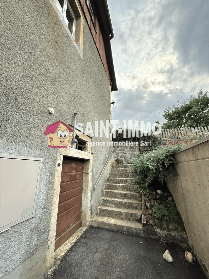 House with concrete wall, brown garage door, stone steps leading to the entrance, plants and shrubs, and a sign for SAINT IMMMO.