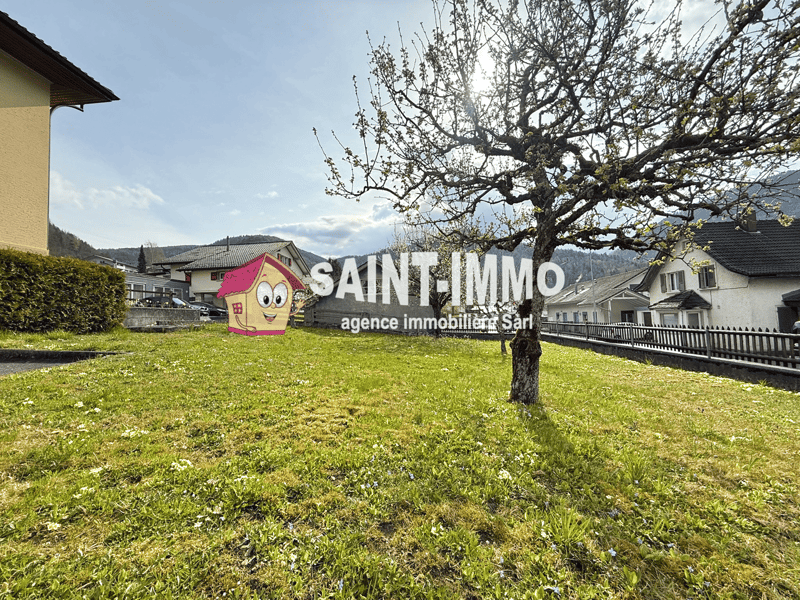 Green lawn, tree, bushes, houses in the background, mountains