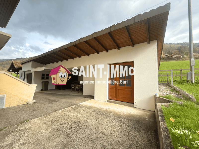 Detached house, white walls, brown roof, wooden door, driveway, trash bin, green grass, fence, distant mountains