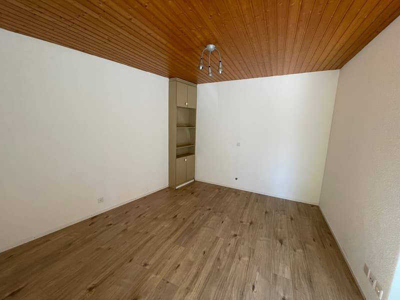 empty room, wooden floor, white walls, wooden ceiling, built-in cabinet, ceiling lamp