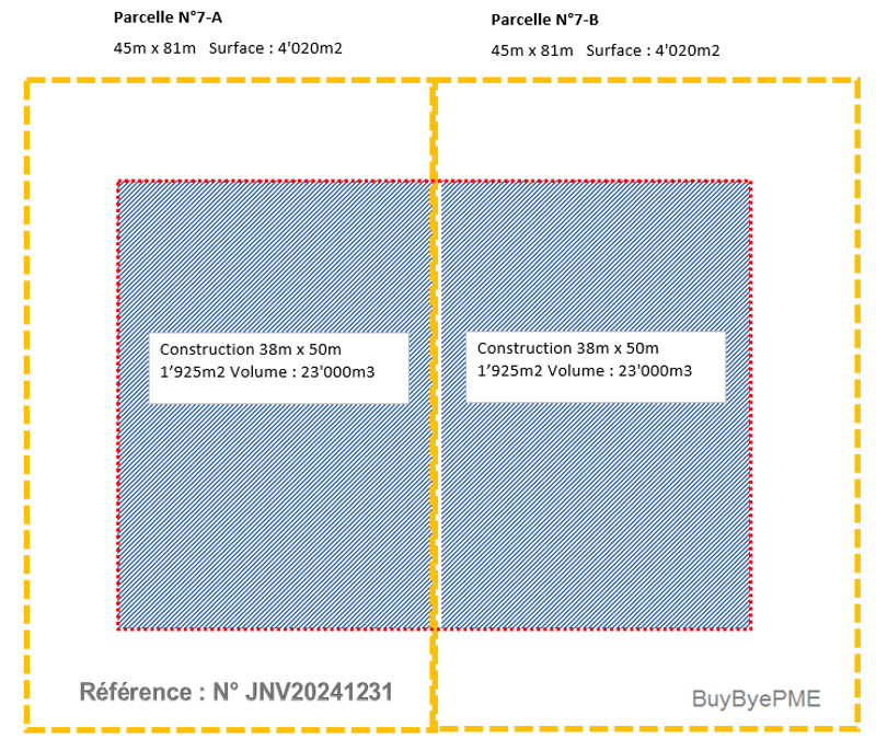 Parcel N7-A: construction 38m x 50m, 1925m2 volume, 2300m3. Parcel N7-B: construction 38m x 50m, 1925m2 volume, 2300m3.