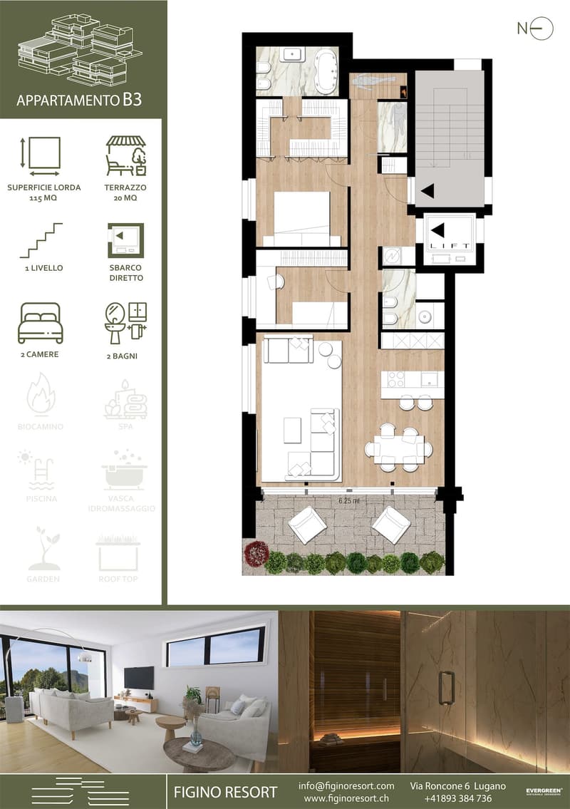 living room, kitchen, 2 bedrooms, 2 bathrooms, balcony, terrace