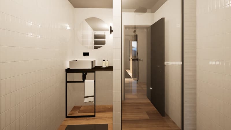 Modern bathroom with white tile walls, wooden vanity with vessel sink, black metal frame, towel rack, and shower stall with glass door