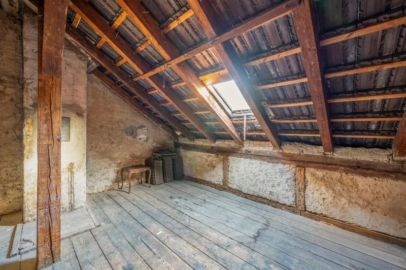unfurnished attic, wooden beams, stone walls, skylight