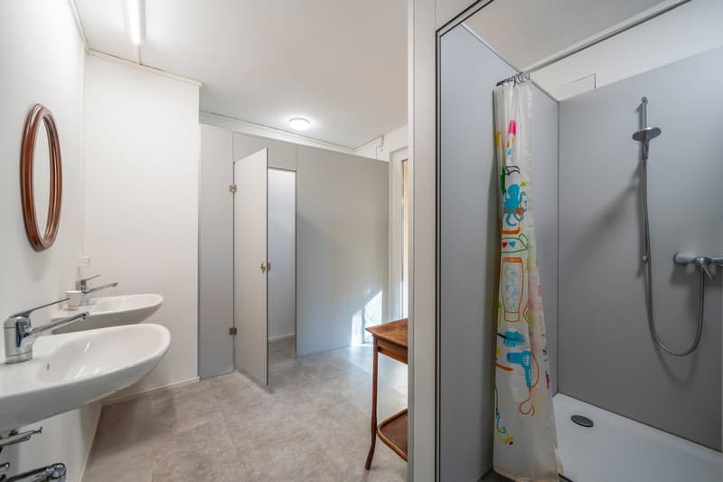two sinks, mirror, walk-in shower, light