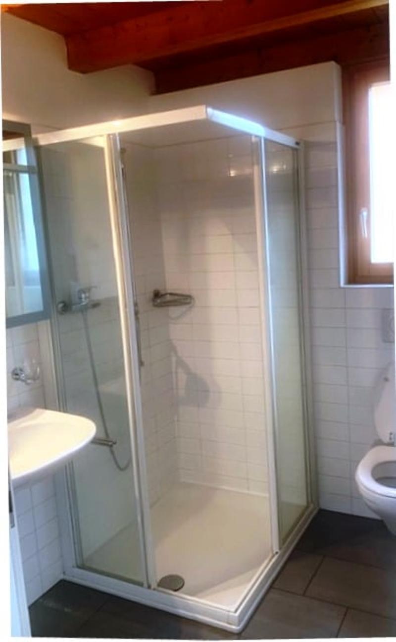 Shower stall, white tiles, white sink, white toilet, ceiling wooden beam, mirror on wall