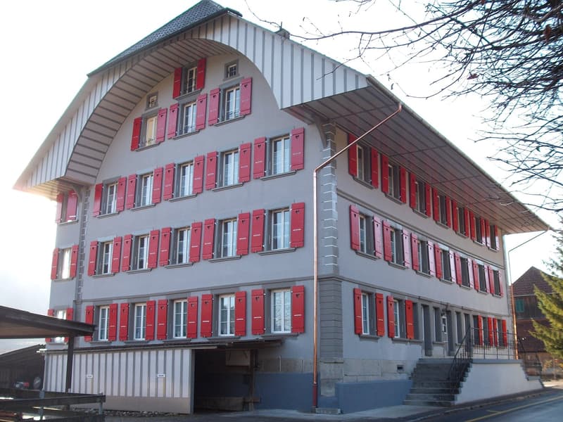 3 story building, red shutters, gray walls, garage entrance, stairs