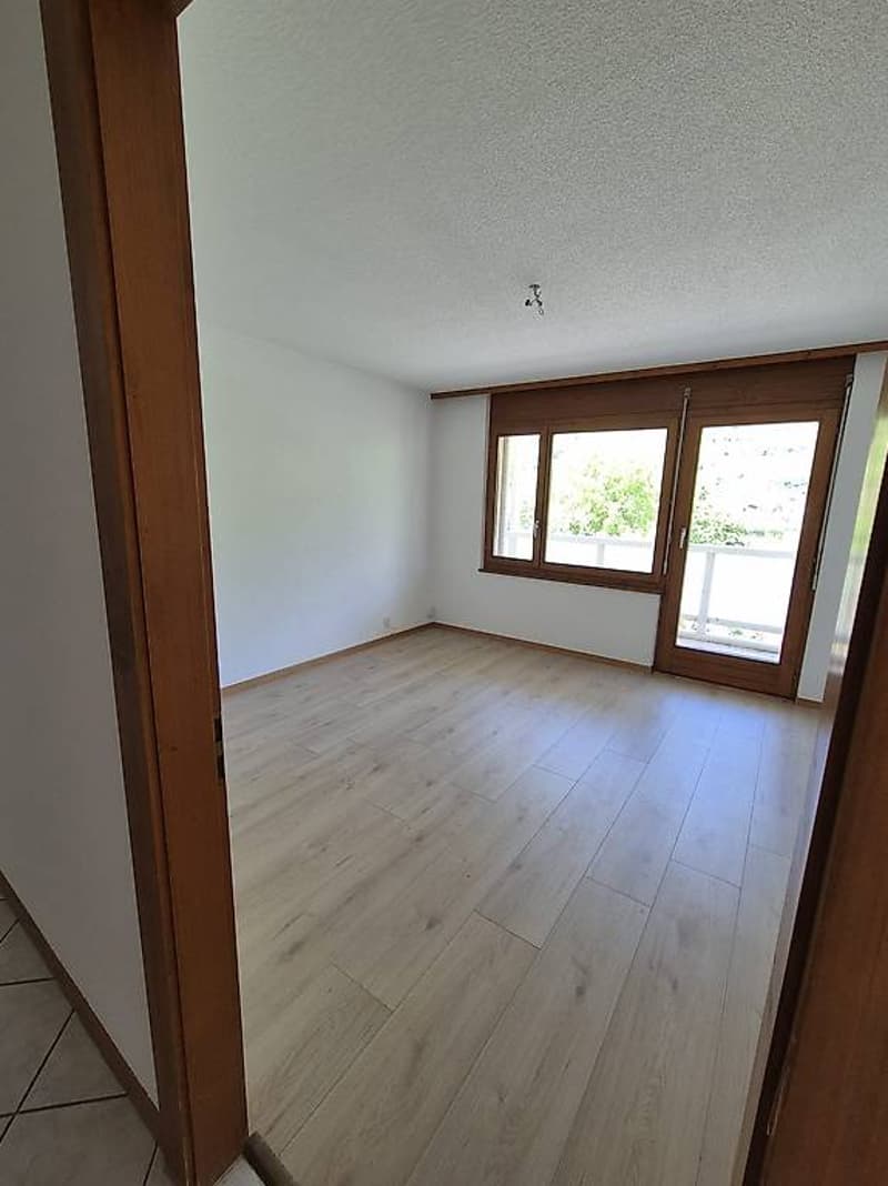 wooden floor, white walls, sliding glass door, balcony, bright