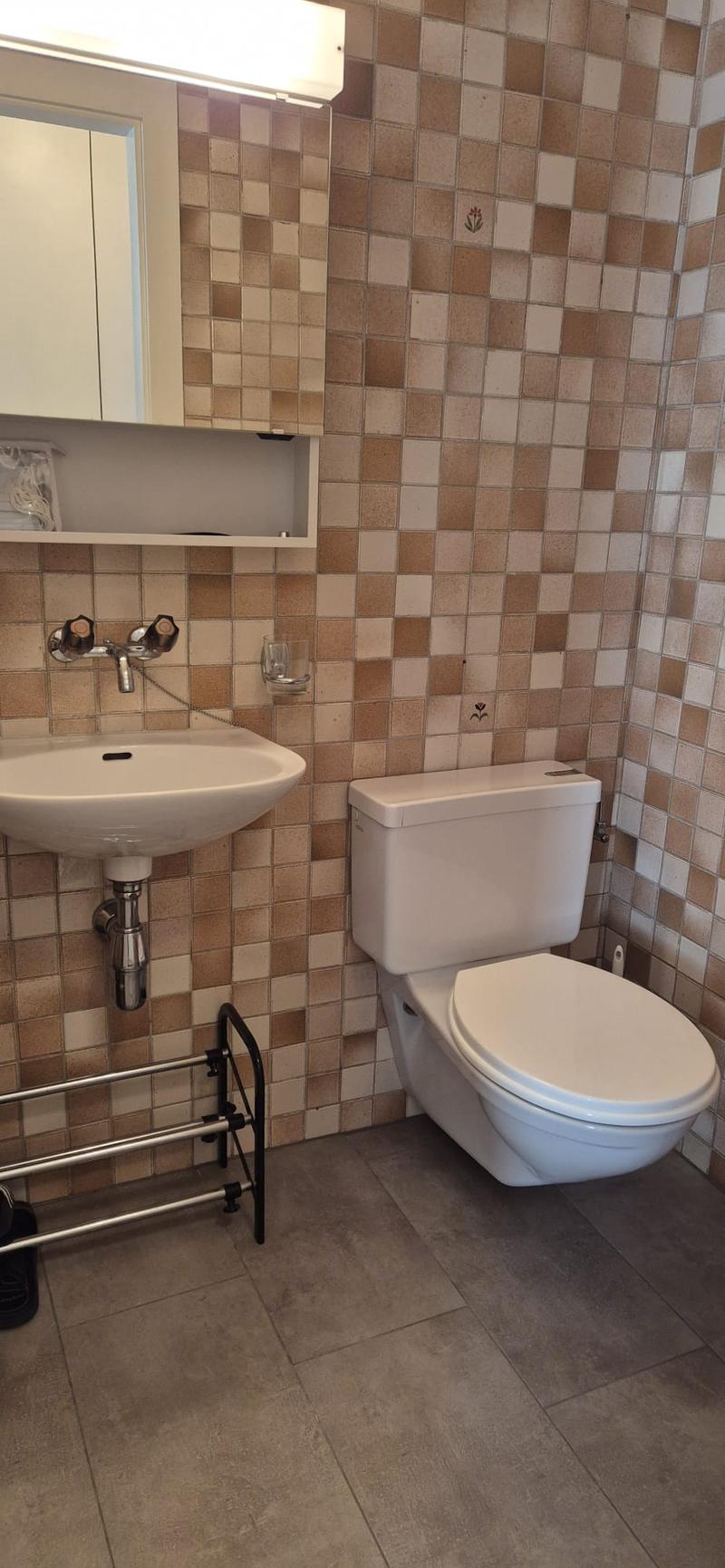 Bathroom with sink, toilet, and tiled walls.