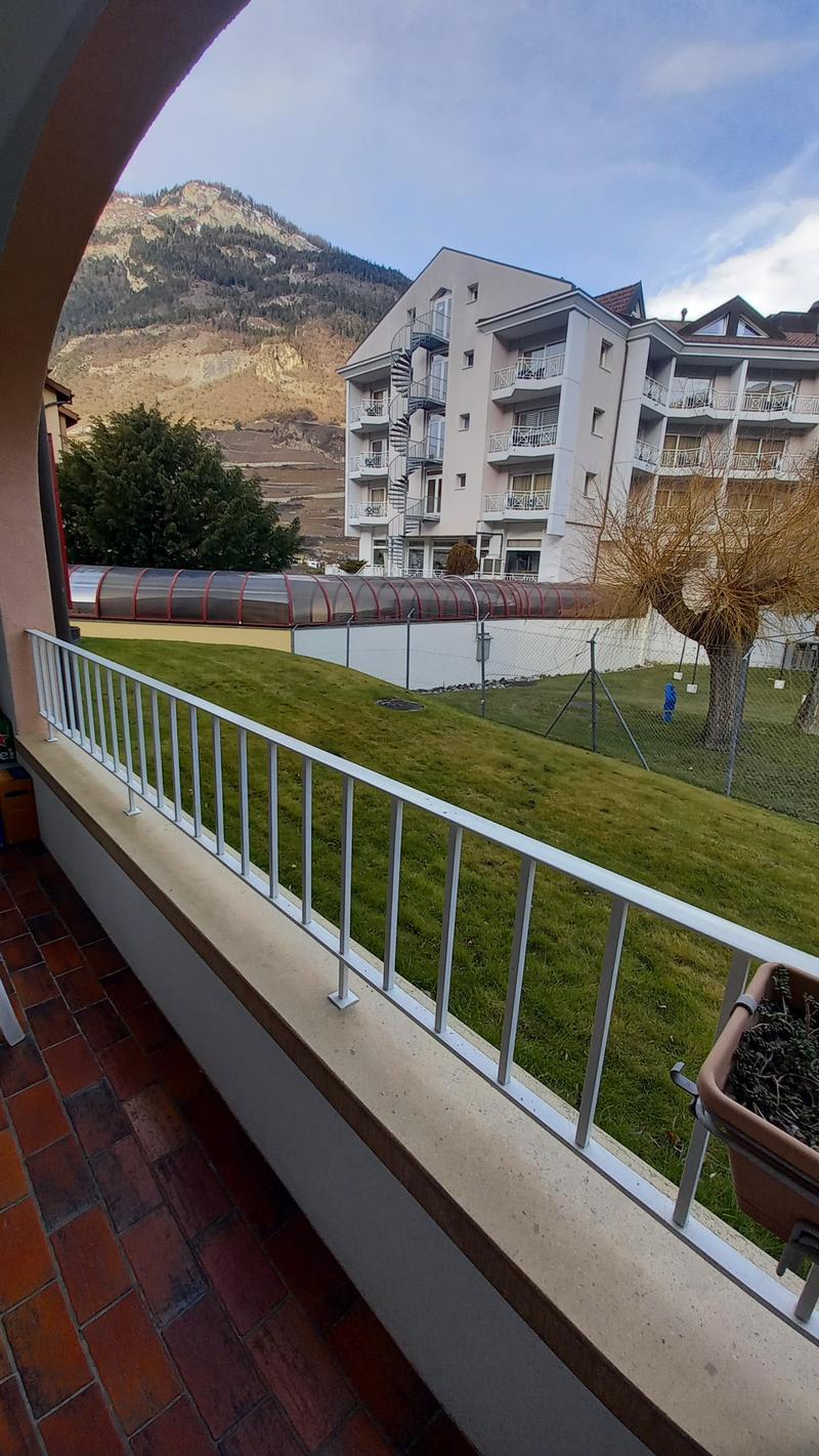 Balcony with metal railing, brick floor, potted plant, view of a grassy area and a building