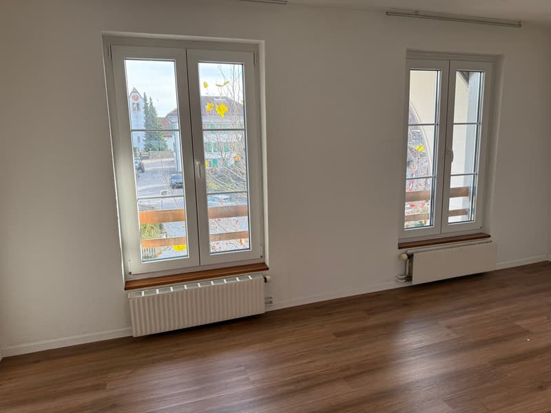 An empty room with white walls, wooden floors, two windows with white frames, wooden window seats, and white radiators.