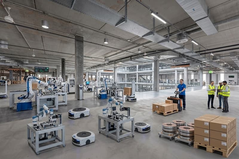 large warehouse with multiple robots, workers, and storage boxes