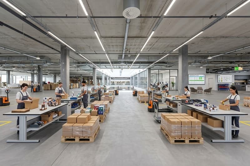 large warehouse, multiple workers, tables with boxes, pallet racks, forklifts, glass walls, office area