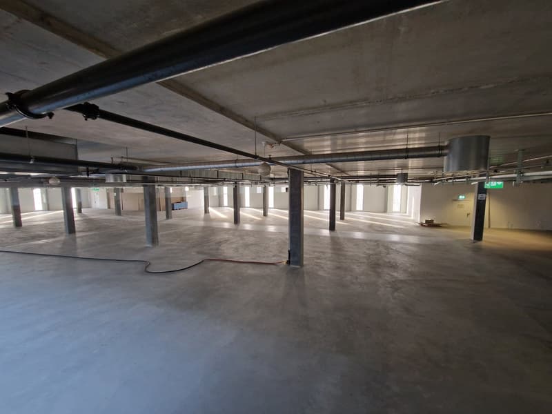 An empty room with white walls, a concrete floor, a ceiling with exposed pipes and beams, hanging lamps, and a black wire on the floor.