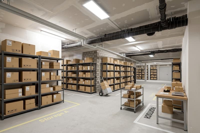 Storage room with multiple shelves, boxes, trolley, tables, and pipes on the ceiling