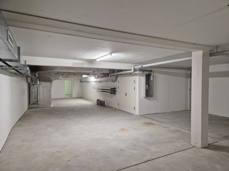 concrete floor, two entrances, one closed, pipes on the ceiling, and a metal door
