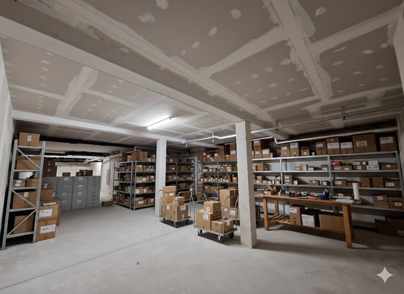Storage room with white ceiling, metal shelves filled with boxes, concrete floor, workbench in front of shelves, fluorescent light on ceiling, trolleys with boxes, large open space